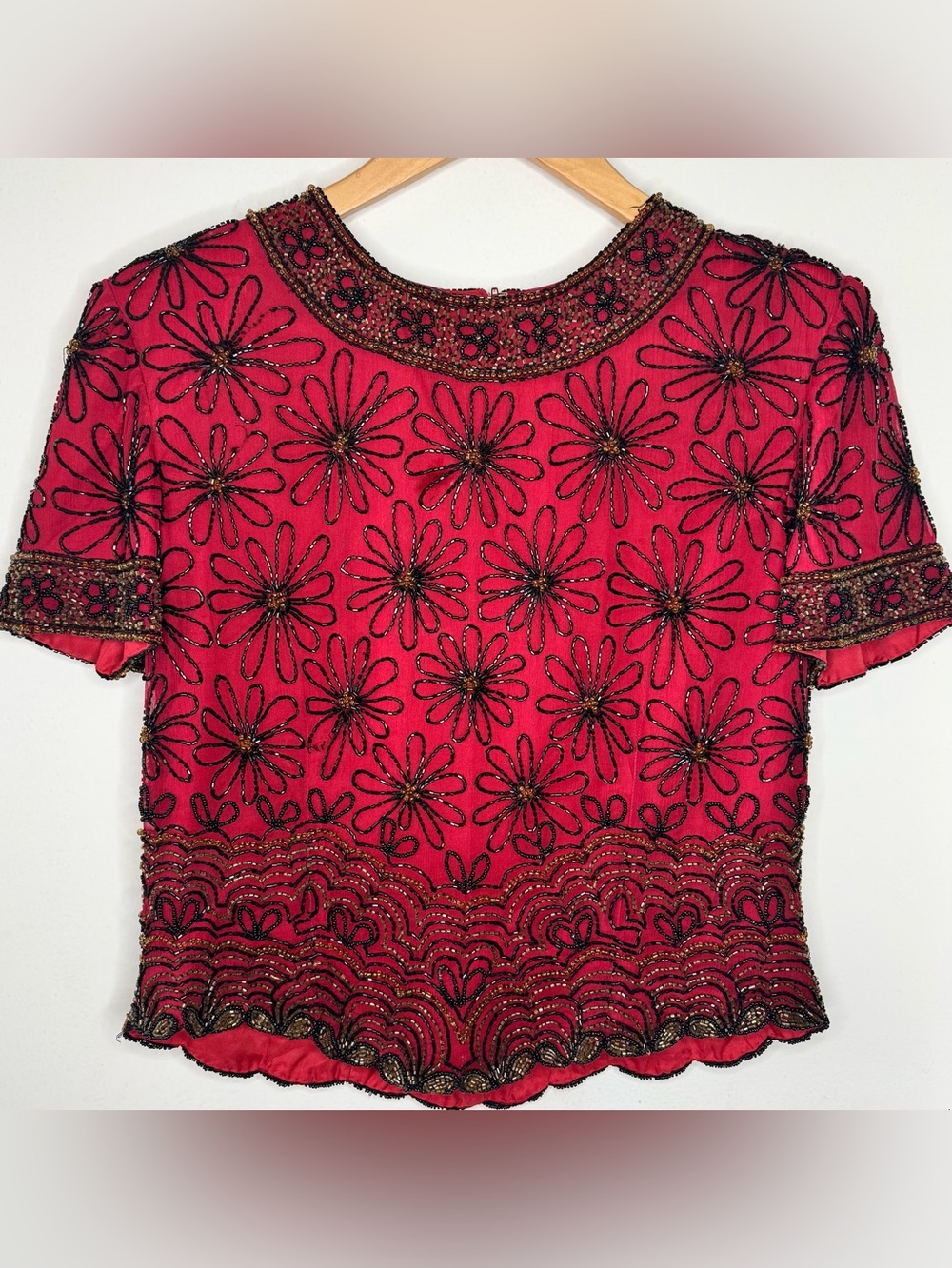 Adrianna Papell Evening Essentials Red Silk Hand Beaded Floral Top Small Vintage